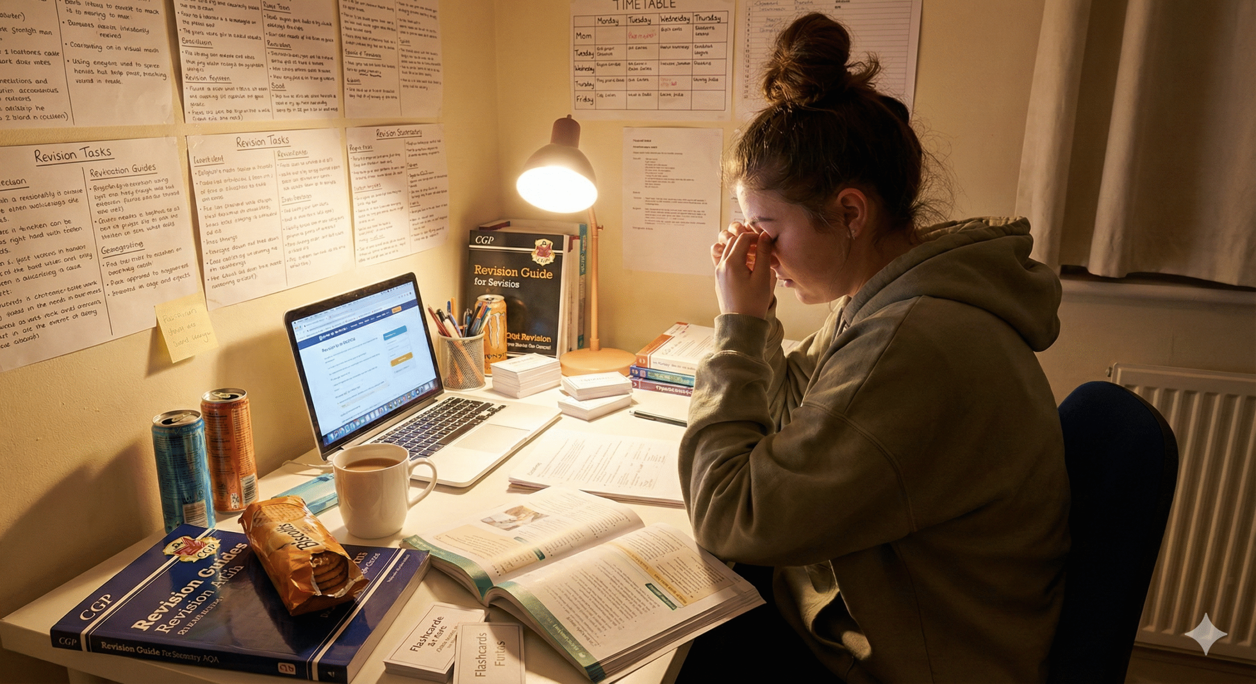 Student studying for GCSE exams with revision materials